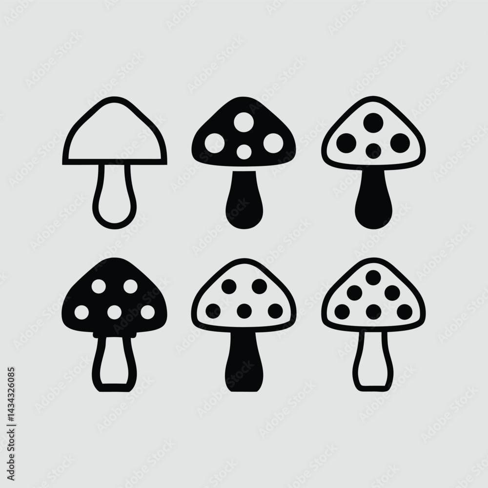 Set of Six Mushroom Icons Different Styles Black and White Set of Six Mushroom Icons Different Styles Black and White