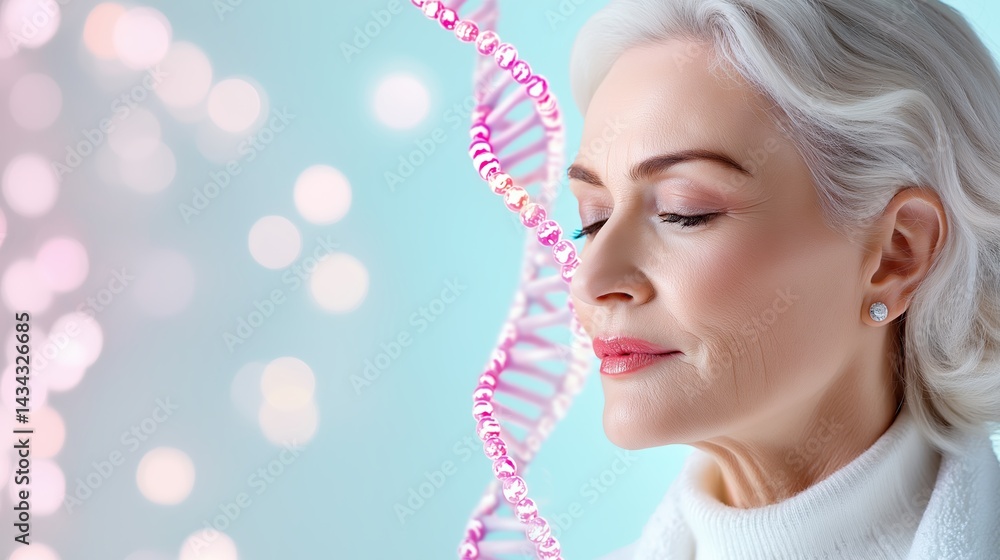 Exploring genetic aging and skincare innovation through a serene portrait of a senior woman with eyes closed