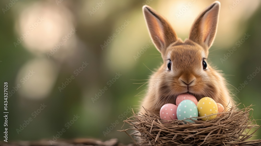 Charming brown rabbit with pastel eggs nestled in a nest on its head against a vibrant green backdrop