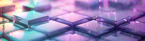 A vibrant abstract image featuring translucent squares with a blend of purple and colorful reflections, creating a modern and artistic appearance.