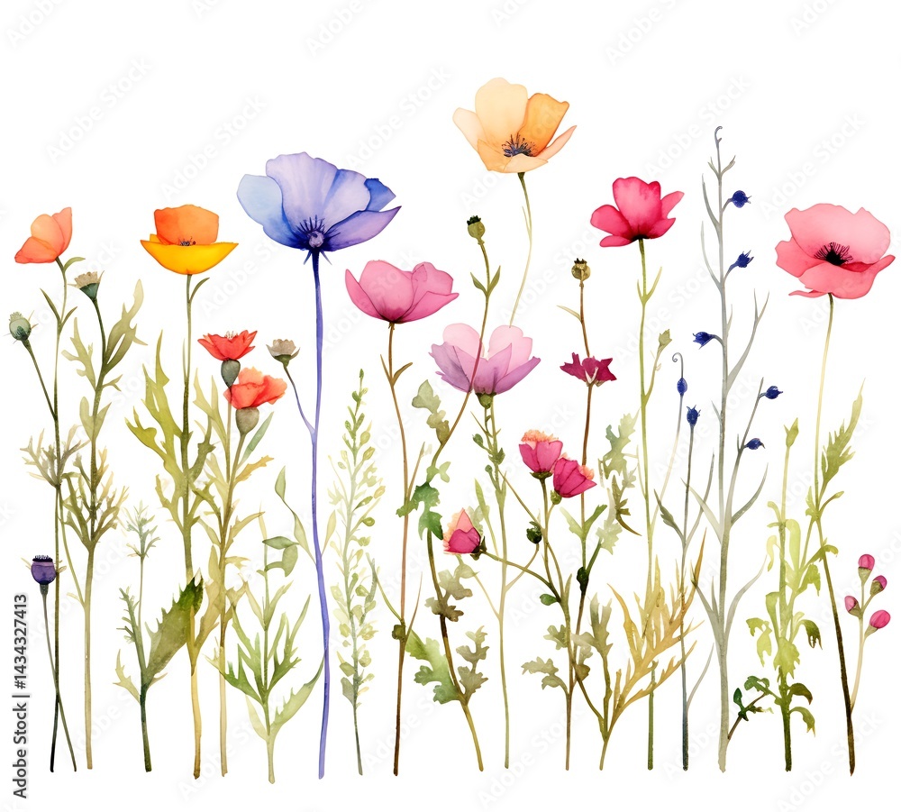Fototapeta premium Wildflowers Field Illustration – Vibrant Botanical Art 