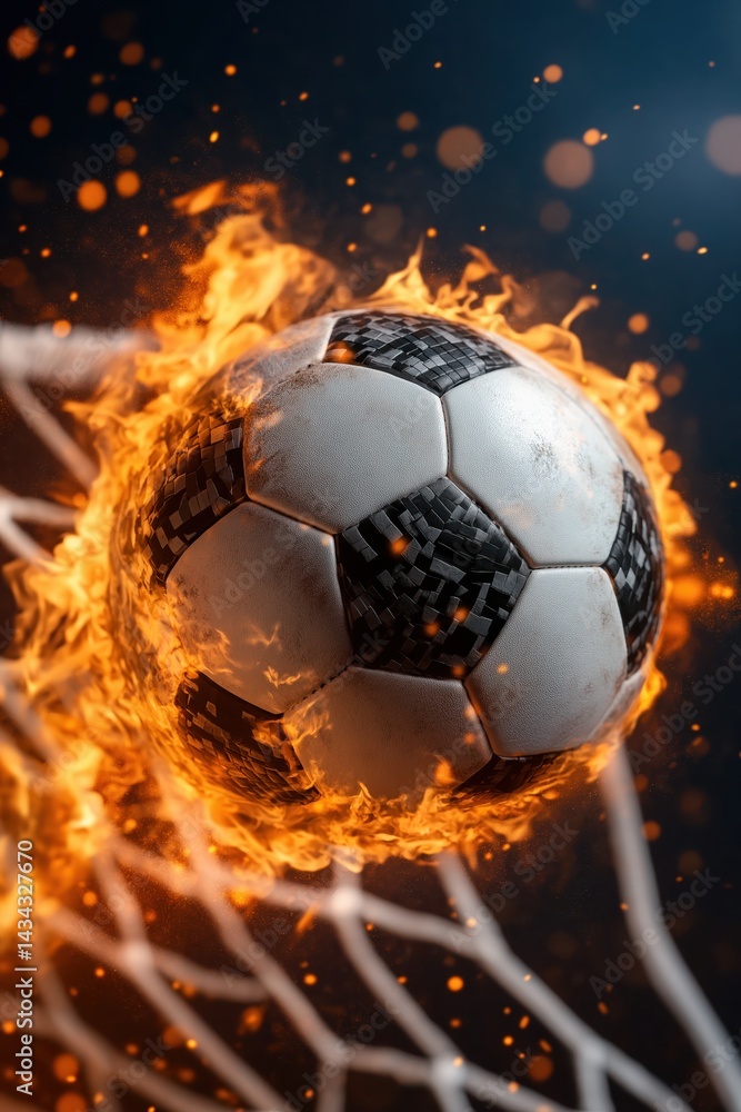 Fiery soccer ball scores a goal with flames engulfing the net during an intense match at dusk