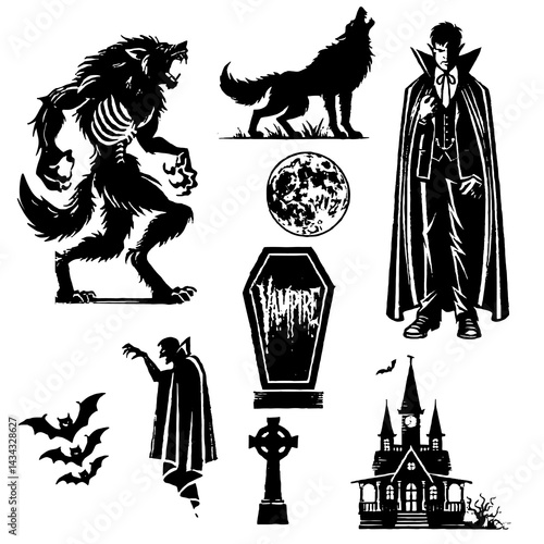 Vampire, Werewolf, and Haunted House Silhouette Vector Set