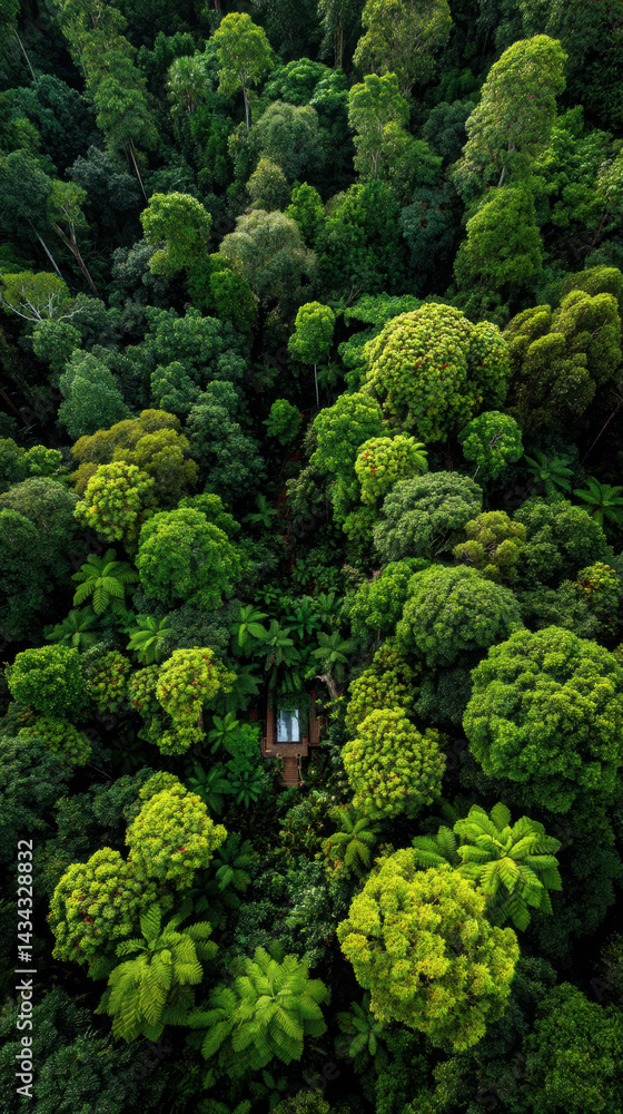 Naklejka premium An aerial perspective reveals a secluded cabin led amidst the lush, vibrant green canopy of a dense rainforest, a serene retreat in nature's embrace.