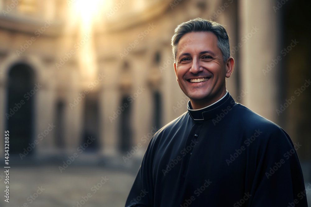 Fototapeta premium A smiling priest posing for a portrait in the Vatican courtyard, warm sunlight and classic stone backdrop.