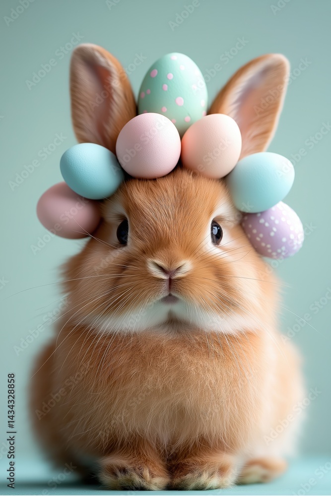 Fluffy brown rabbit adorned with colorful Easter egg wreath on pastel green background creates a festive spring atmosphere