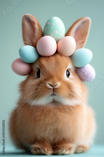 Obraz na płótnie Fluffy brown rabbit adorned with colorful Easter egg wreath on pastel green background creates a festive spring atmosphere w salonie