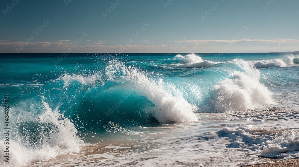 Fototapeta premium Turquoise waves crash on sandy beach