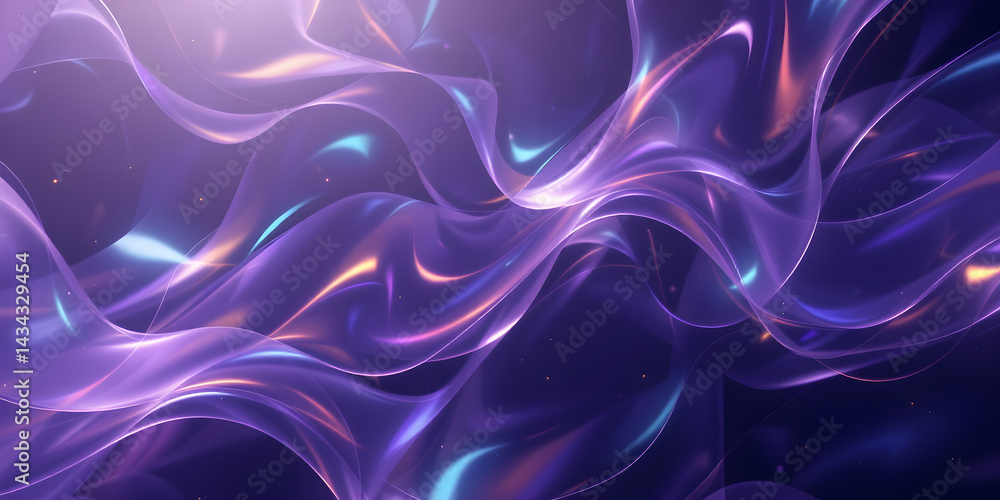 Obraz premium Flowing Purple Energy Waves with Particles Background Texture. Luminous lines twist dynamically on dark backdrop with sparkles. Abstract vibrant magic effect.