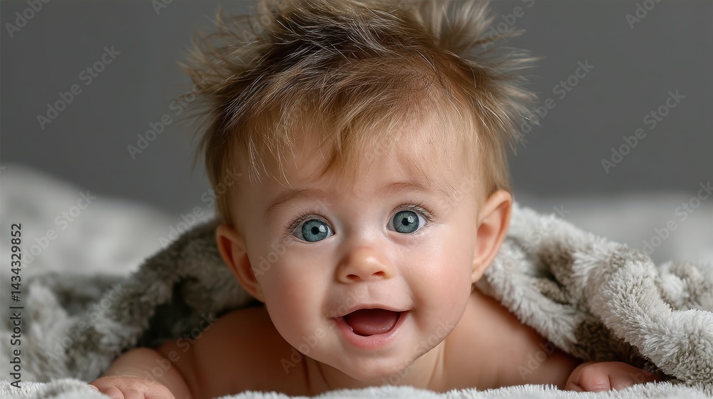 Happy 7-month-old baby girl enjoying playtime on soft blanket with bright smile and lively hair