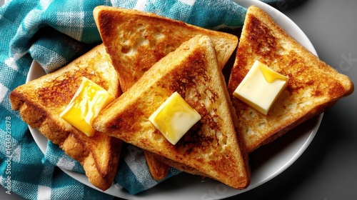 Golden toasted bread triangles topped with butter on a white plate against a blue and white background