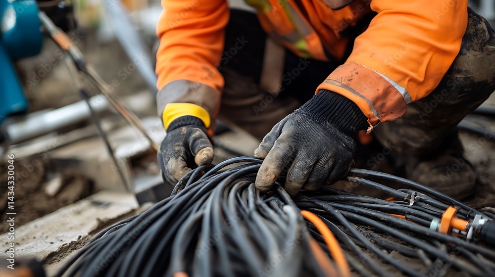 Construction Worker Handling Electrical Cables Construction Worker Handling Electrical Cables