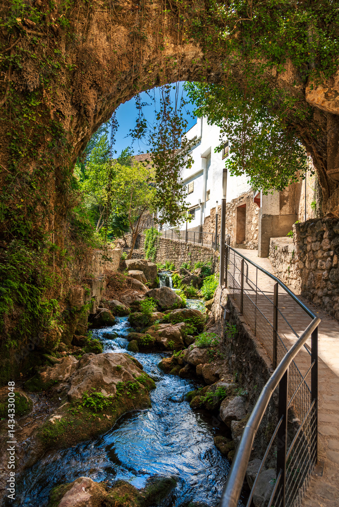 Walk along the Cerezuelo River in Cazorla, under a natural arch of greenery, Jaén, Spain.