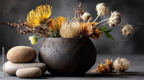 Natural dried flower arrangement in a brown vase with stones on a textured dark gray background