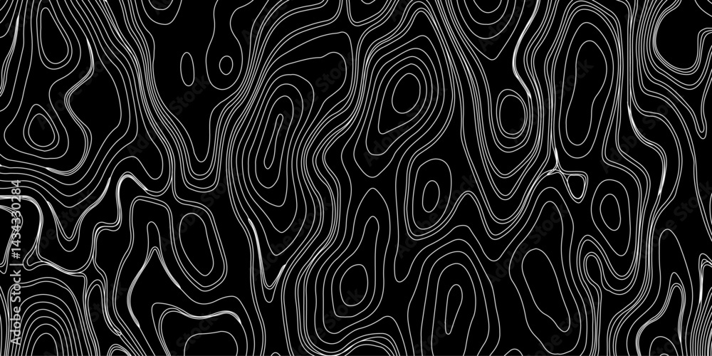 Generate a high-contrast black and white topographic map featuring detailed contour lines. The map should display various elevations using closely spaced, Topography and geography map grid abstract. Generate a high-contrast black and white topographic map featuring detailed contour lines. The map should display various elevations using closely spaced, Topography and geography map grid abstract.