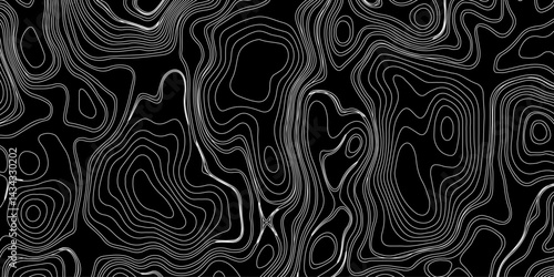 Generate a high-contrast black and white topographic map featuring detailed contour lines. The map should display various elevations using closely spaced, Topography and geography map grid abstract.