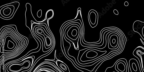 Generate a high-contrast black and white topographic map featuring detailed contour lines. The map should display various elevations using closely spaced, Topography and geography map grid abstract.