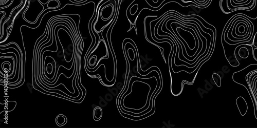 Generate a high-contrast black and white topographic map featuring detailed contour lines. The map should display various elevations using closely spaced, Topography and geography map grid abstract.