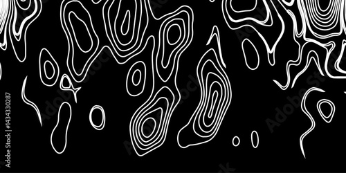 Generate a high-contrast black and white topographic map featuring detailed contour lines. The map should display various elevations using closely spaced, Topography and geography map grid abstract.