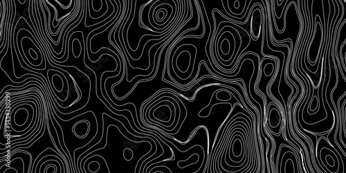 Generate a high-contrast black and white topographic map featuring detailed contour lines. The map should display various elevations using closely spaced, Topography and geography map grid abstract.