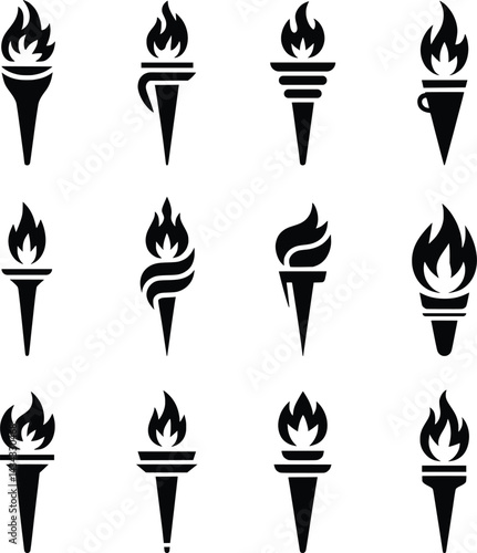 Torch Icon Set, Flaming Torch Silhouettes Vector Collection