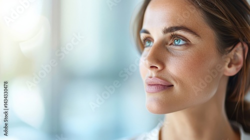 Free Download A thoughtful woman gazes into the distance, showcasing a serene expression and captivating blue eyes in a softly lit environment. - GFXLoad
