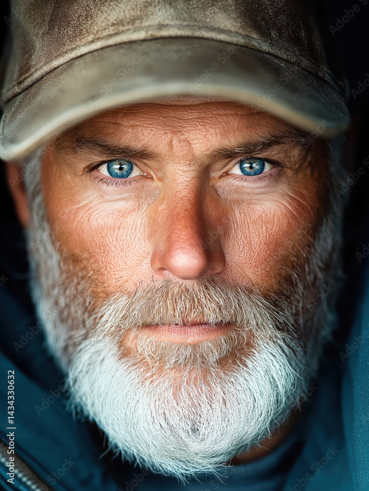 Old male fisherman with a long white beard and intense blue eyes isolated on a white background