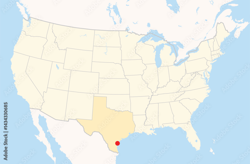 Naklejka premium Location Map of the city Corpus Christi in Texas, USA. The state is marked orange and the city is highlighted with a red dot. No labels at all.