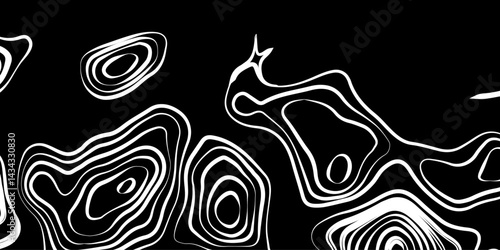 Generate a high-contrast black and white topographic map featuring detailed contour lines. The map should display various elevations using closely spaced, Topography and geography map grid abstract.