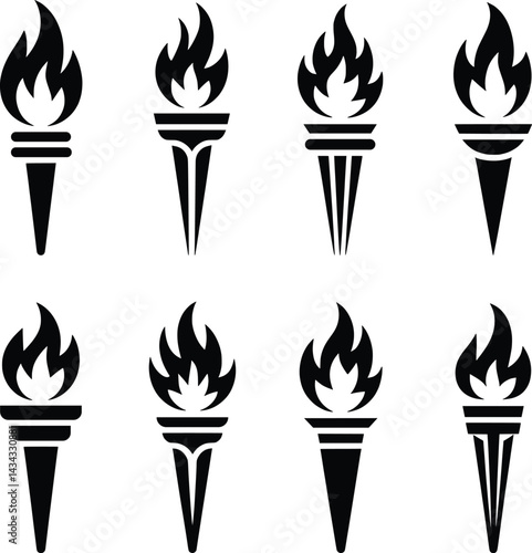Torch Icon Set, Flaming Torch Silhouettes Vector Collection