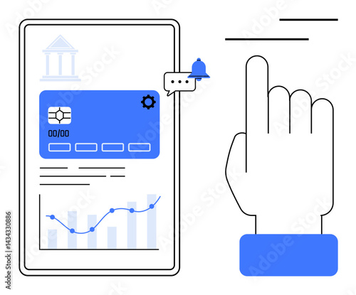 Finger interacting with mobile banking interface. Features credit card, graph, gear, bell icon. Ideal for finance, fintech, mobile banking technology analysis user interaction investment. Flat