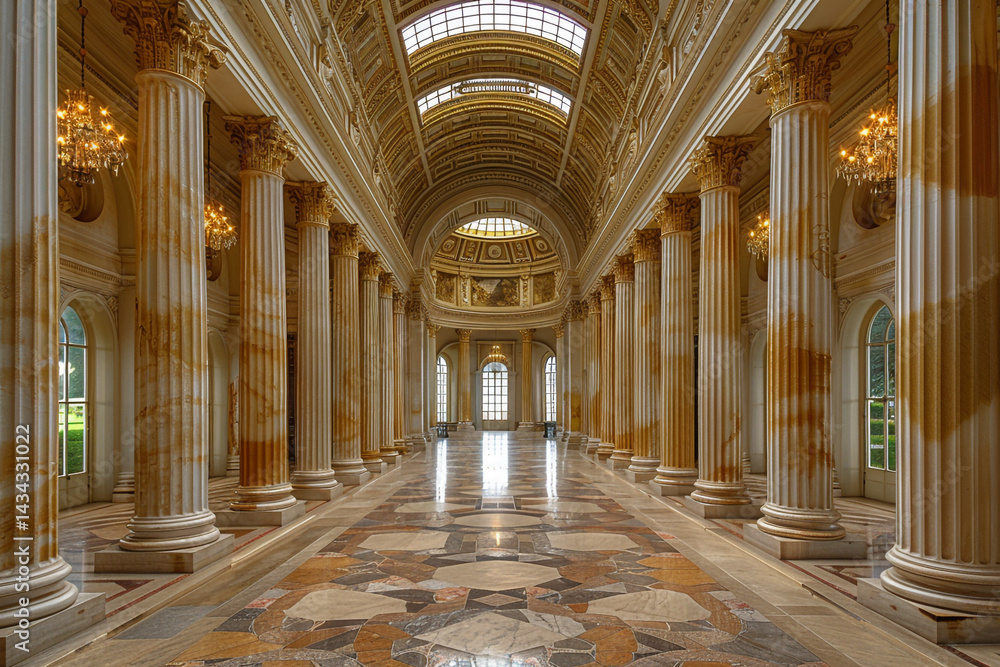 Obraz premium A Grand Hallway Inside an Ancient Building with Ornate Architecture