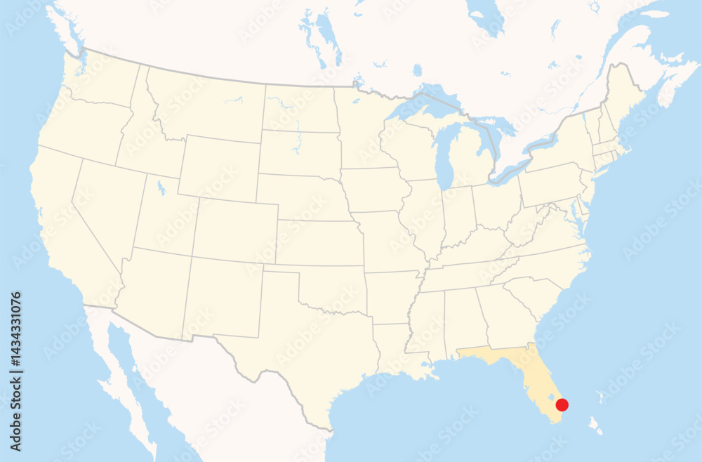 Obraz premium Location Map of the city Deerfield Beach in Florida, USA. The state is marked orange and the city is highlighted with a red dot. No labels at all.