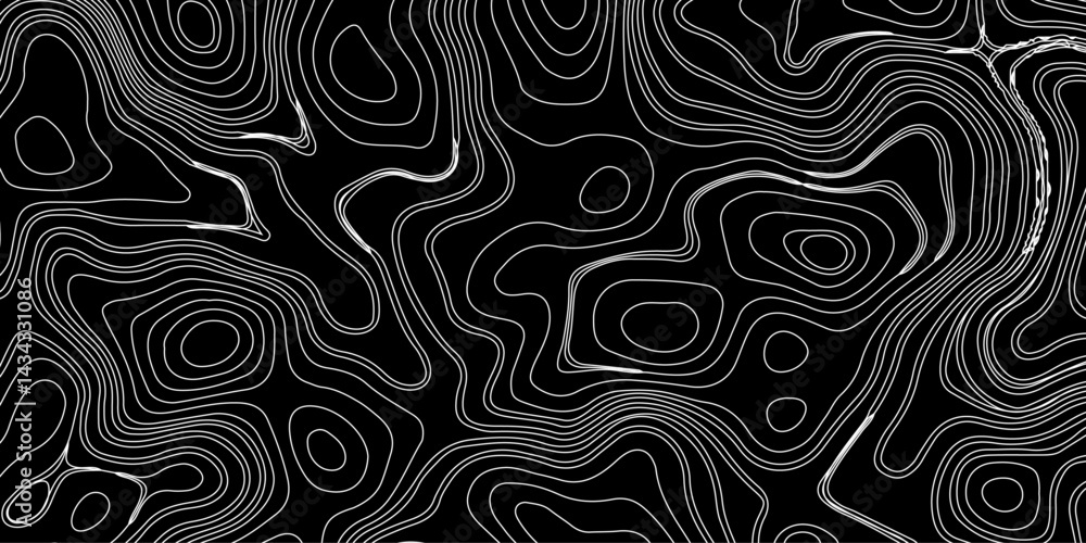 Generate a high-contrast black and white topographic map featuring detailed contour lines. The map should display various elevations using closely spaced, Topography and geography map grid abstract. Generate a high-contrast black and white topographic map featuring detailed contour lines. The map should display various elevations using closely spaced, Topography and geography map grid abstract.