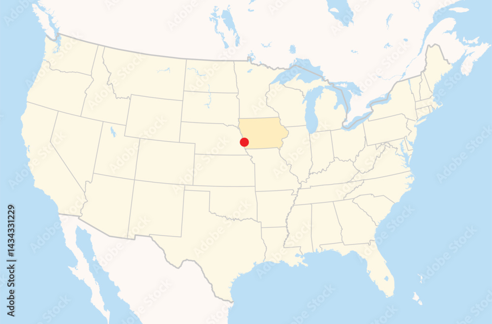 Fototapeta premium Location Map of the city Council Bluffs in Iowa, USA. The state is marked orange and the city is highlighted with a red dot. No labels at all.