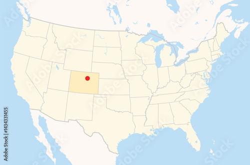 Location Map of the city Commerce City in Colorado, USA. The state is marked orange and the city is highlighted with a red dot. No labels at all.