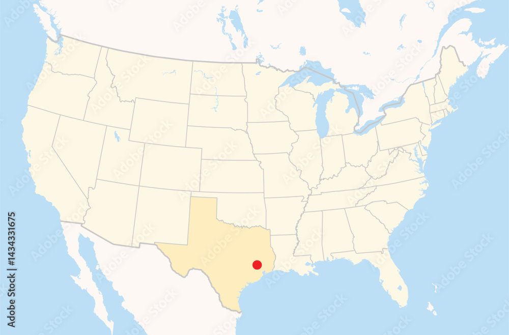 Obraz premium Location Map of the city Conroe in Texas, USA. The state is marked orange and the city is highlighted with a red dot. No labels at all.