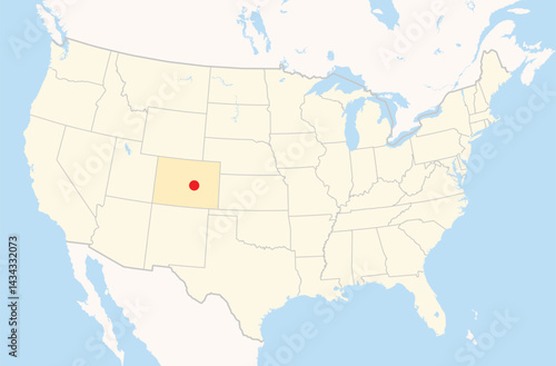 Location Map of the city Colorado Springs in Colorado, USA. The state is marked orange and the city is highlighted with a red dot. No labels at all.