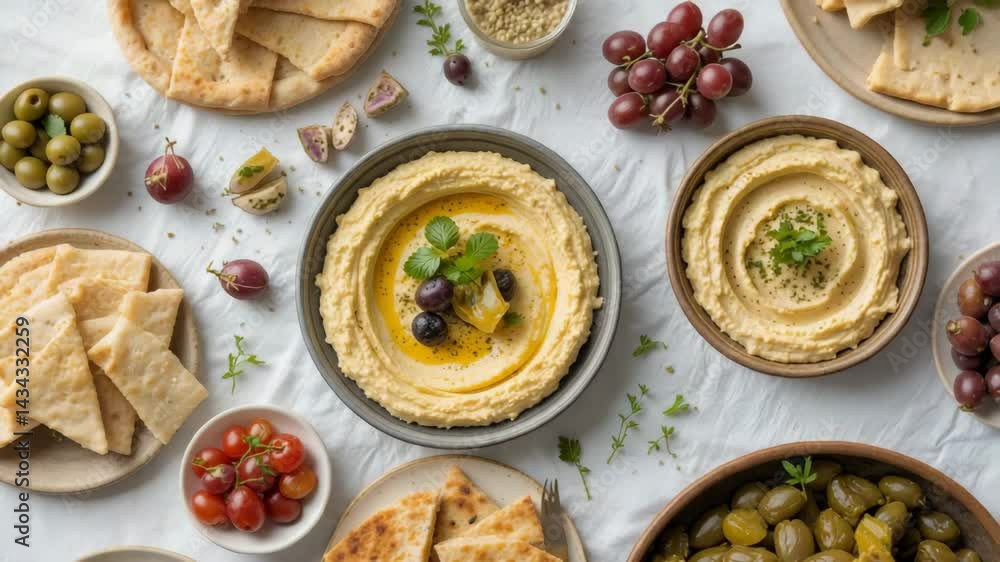 Hummus Platter with Pita Bread, Olives, and Grapes Hummus Platter with Pita Bread, Olives, and Grapes