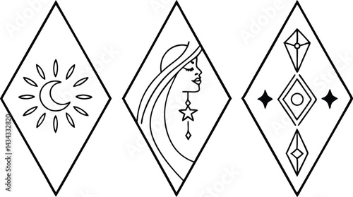 Abstract Geometric Celestial Symbols Diamond Shapes Minimalist Design Sun Moon Woman Stars Spiritual Elements