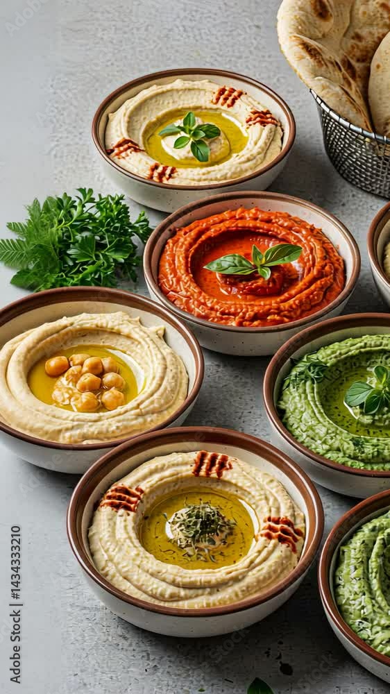 Colorful variety of hummus and bread display in elegant culinary presentation Colorful variety of hummus and bread display in elegant culinary presentation