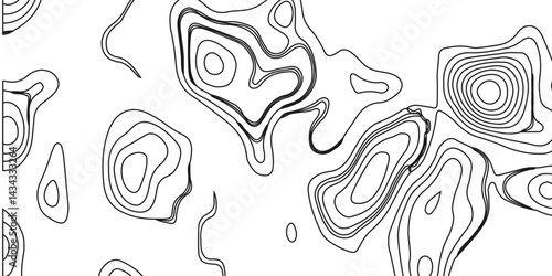 Generate a high-contrast black and white topographic map featuring detailed contour lines. The map should display various elevations using closely spaced, Topography and geography map grid abstract.