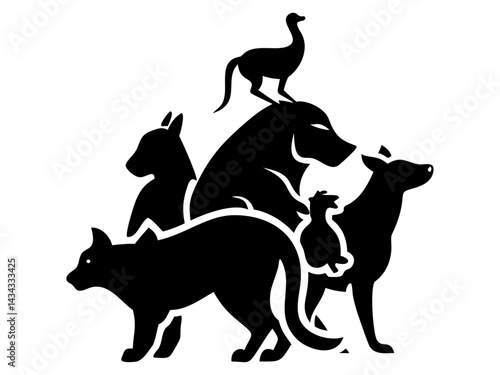 Global Pet Care Logo Design Featuring Diverse Animals, Silhouette of various domestic and exotic animals. A bold, black silhouette design featuring various animals – cat, dog, marsupial, and bird – po