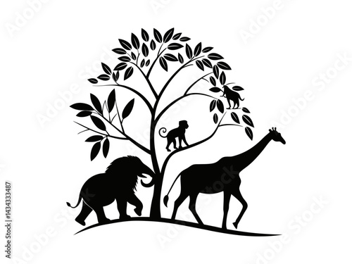 Silhouette of African Wildlife Under a Majestic Tree,  black and white silhouette showcases a serene African landscape. Silhouettes of Giraffe, Elephant, and Leopard for World Animal Day.