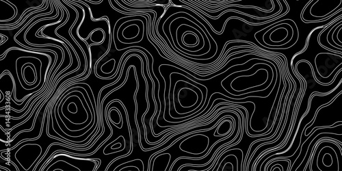 Generate a high-contrast black and white topographic map featuring detailed contour lines. The map should display various elevations using closely spaced, Topography and geography map grid abstract.