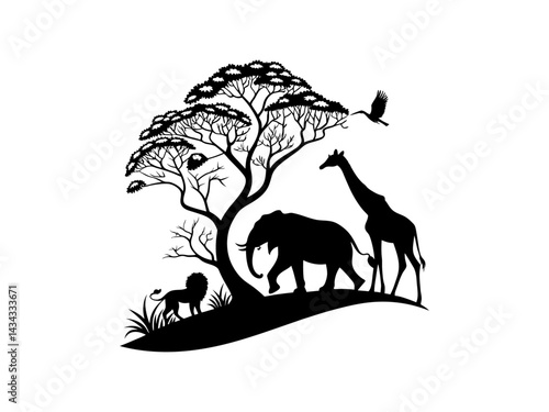 Silhouette of African Wildlife Under a Majestic Tree,  black and white silhouette showcases a serene African landscape. Silhouettes of Giraffe, Elephant, and Leopard for World Animal Day.