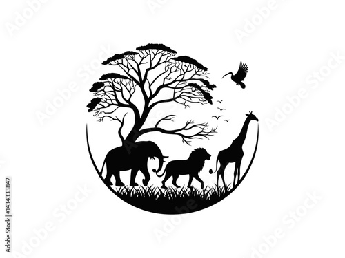 Silhouette of African Wildlife Under a Majestic Tree,  black and white silhouette showcases a serene African landscape. Silhouettes of Giraffe, Elephant, and Leopard for World Animal Day.