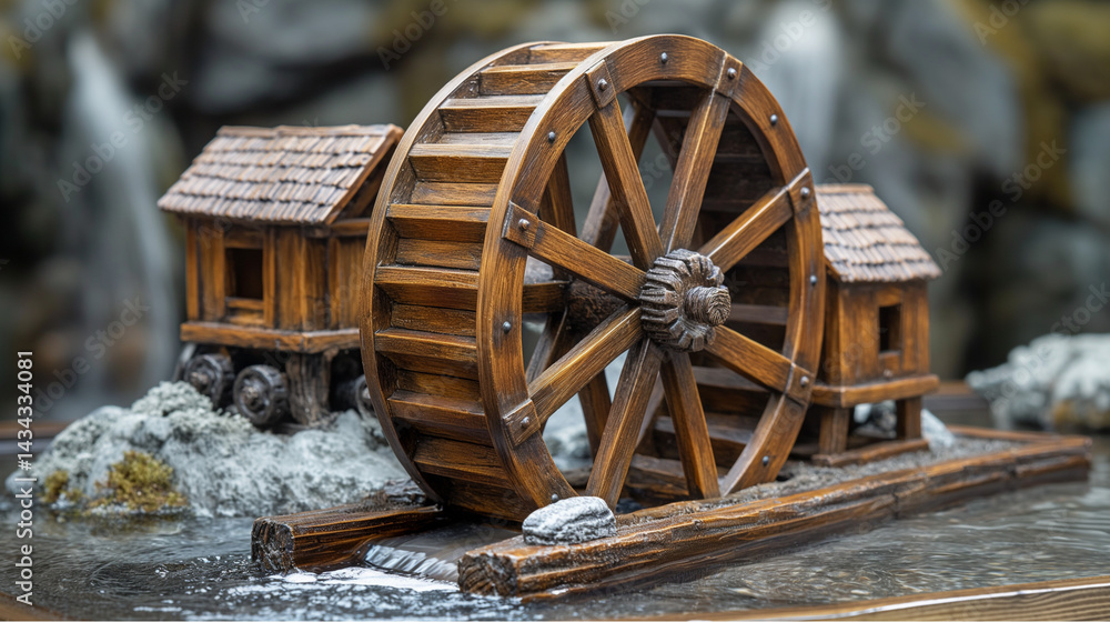 Miniature Water Mill with Wooden Houses and Flowing Stream in Scenic Setting Miniature Water Mill with Wooden Houses and Flowing Stream in Scenic Setting