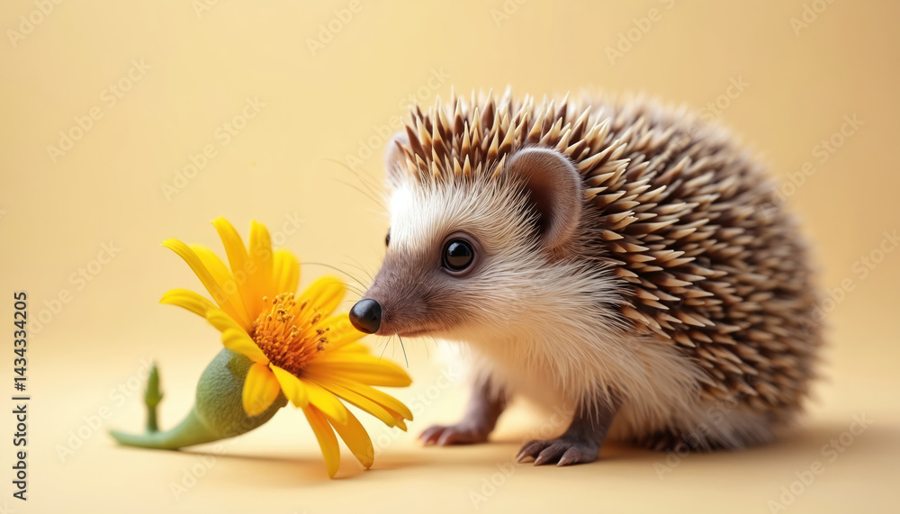 Fototapeta premium Cute hedgehog sniffs yellow flower. Soft spines, focused on the flower. Adorable animal, nature, wildlife, spring season vibes. Charming little mammal, beautiful floral aroma.