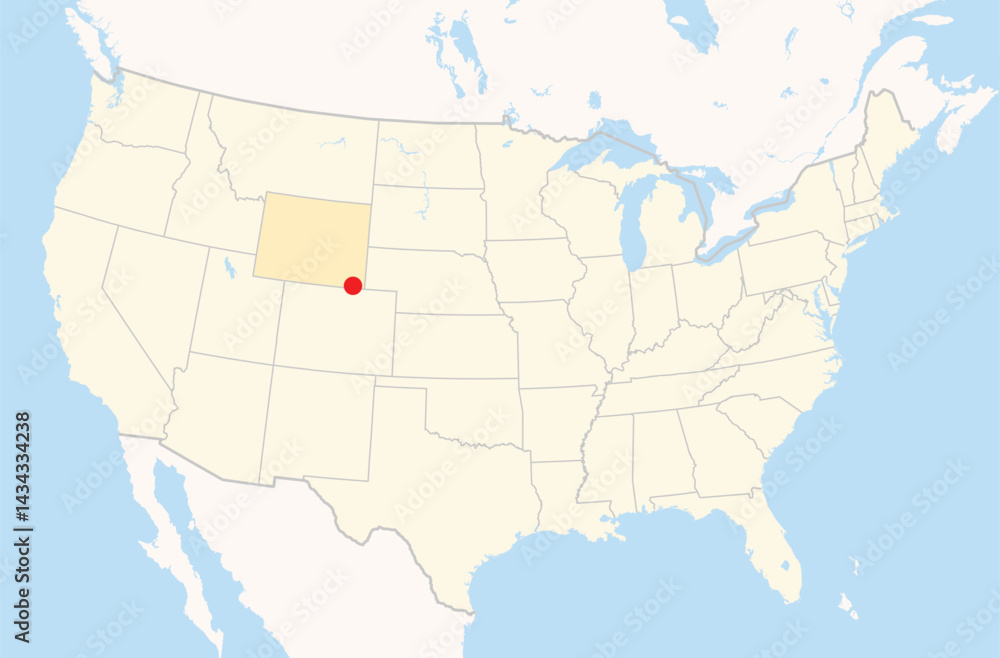 Fototapeta premium Location Map of the city Cheyenne in Wyoming, USA. The state is marked orange and the city is highlighted with a red dot. No labels at all.